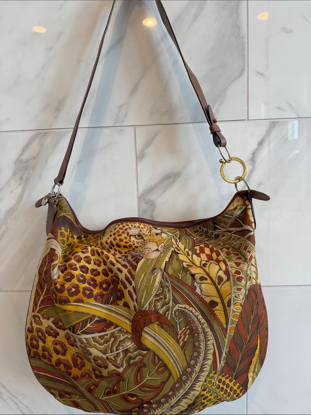 Salvatore Ferragamo Leopard & Botanical Print Shoulder Bag in Brown and Olive